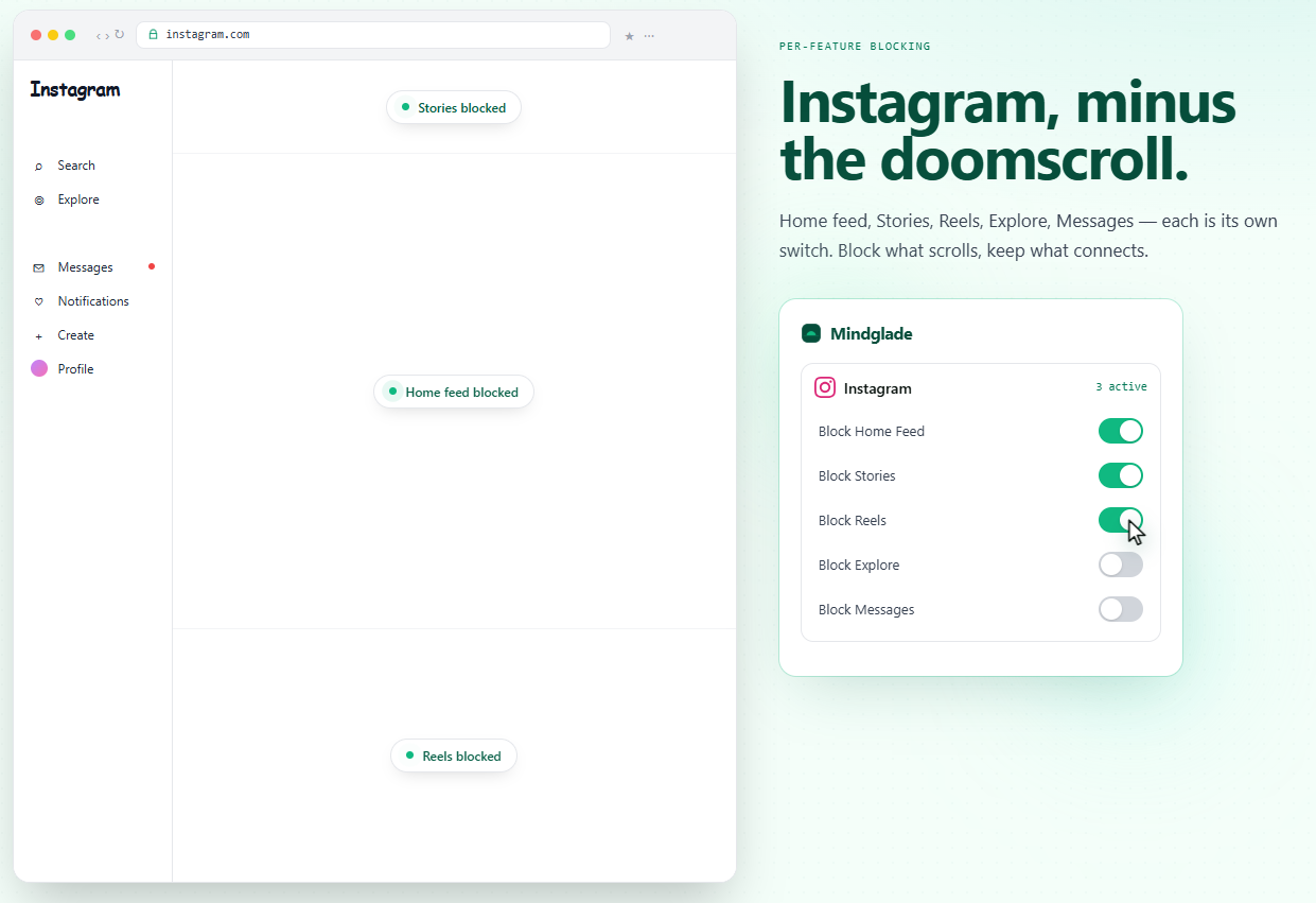 Instagram with Reels hidden; DMs intact